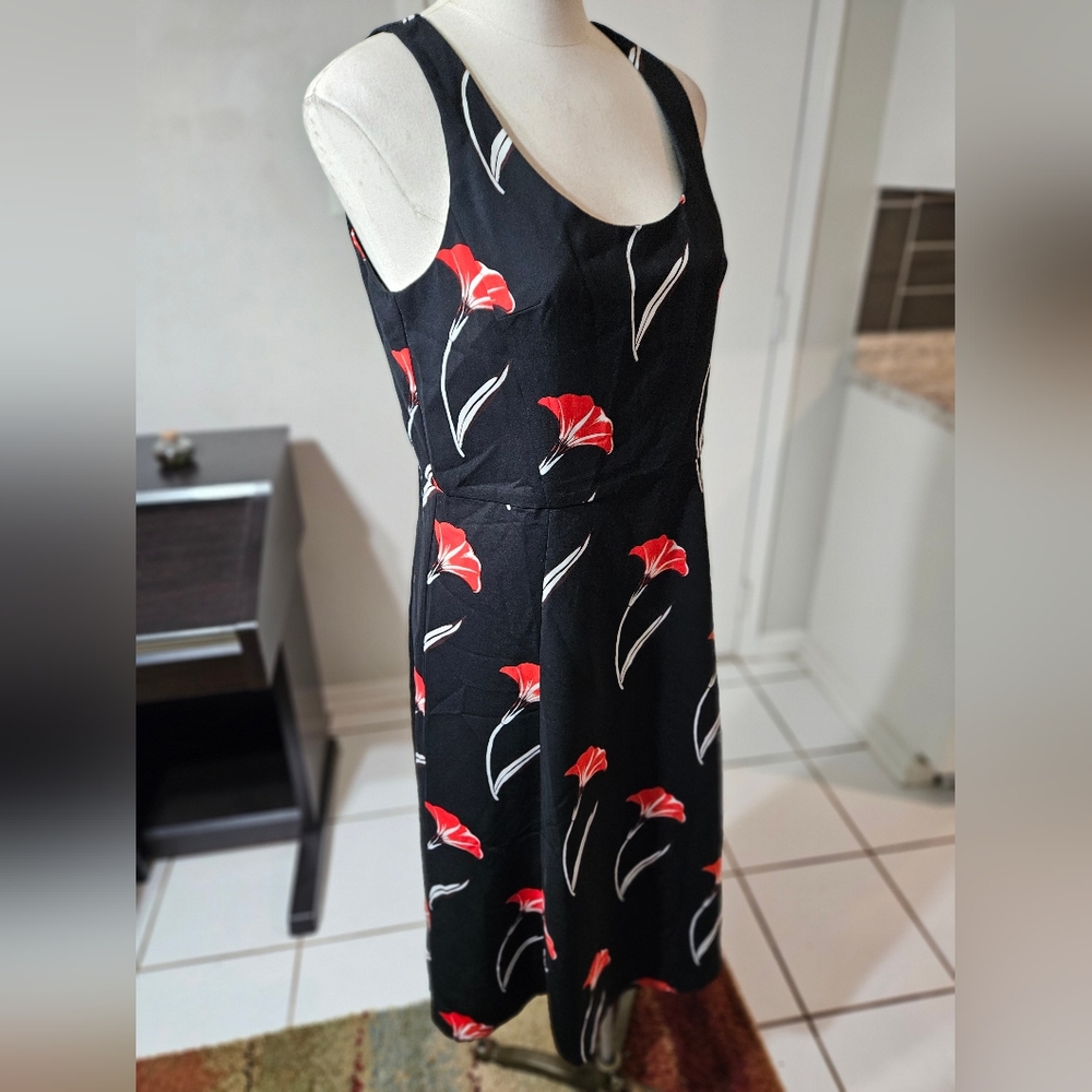 Ann Taylor Factory Black Floral Fit-and-Flare Dress with Red & White Accents